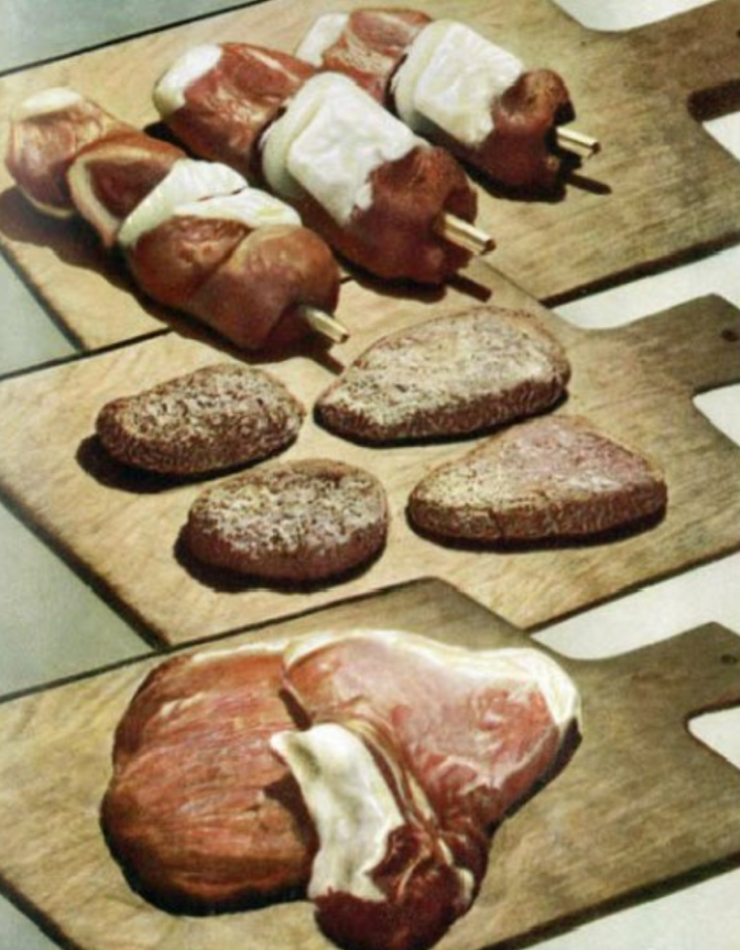 During his travels, one of Mikoyan's favorite dishes was the American hamburger. Depicted is a row of Russian cut meats.