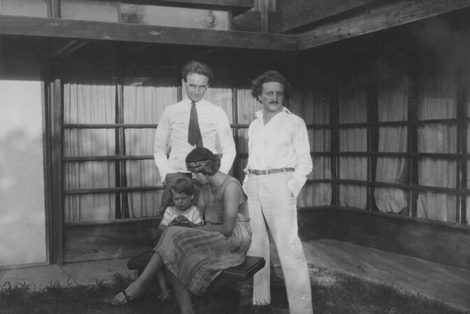 Clockwise from top left: Richard Neutra, R.M. Schindler, Dione Neutra, and Dion Neutra, at the Kings Road house they briefly shared, West Hollywood, California. | R. M. Schindler papers, University of California, Santa Barbara