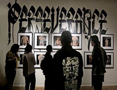 Install shot at JANM, Chaz Bojorquez lettering.