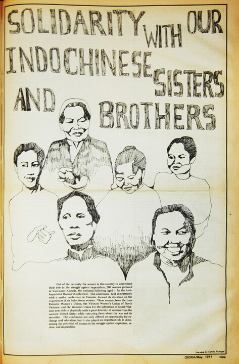 A yellowing paper with an illustration of six Asian American women. Above reads, "Solidarity with our IndoChinese sisters and brothers."
