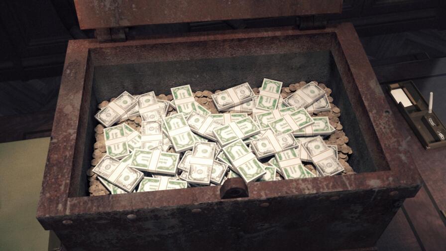 A chest is filled with stacks of money. | From "Secrets of the Dead: Gangster's Gold"