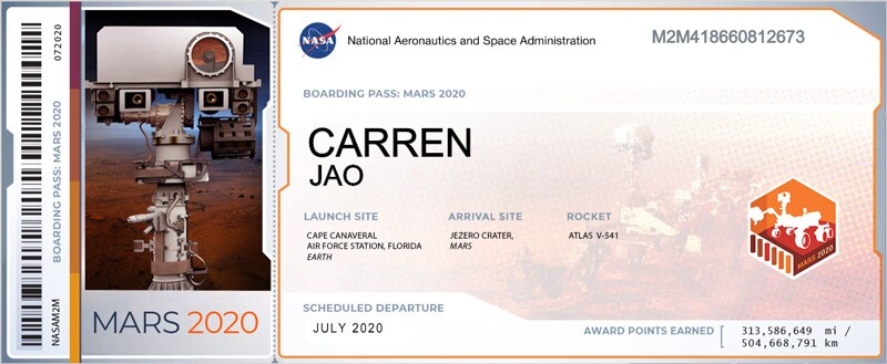 Mars Boarding Pass generated when you submit your name to be sent with the Mars mission | NASA