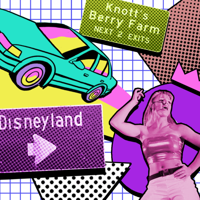 A graphic image of Britney Spears with a Disney sign and an off-ramp sign to Knott's Berry Farm