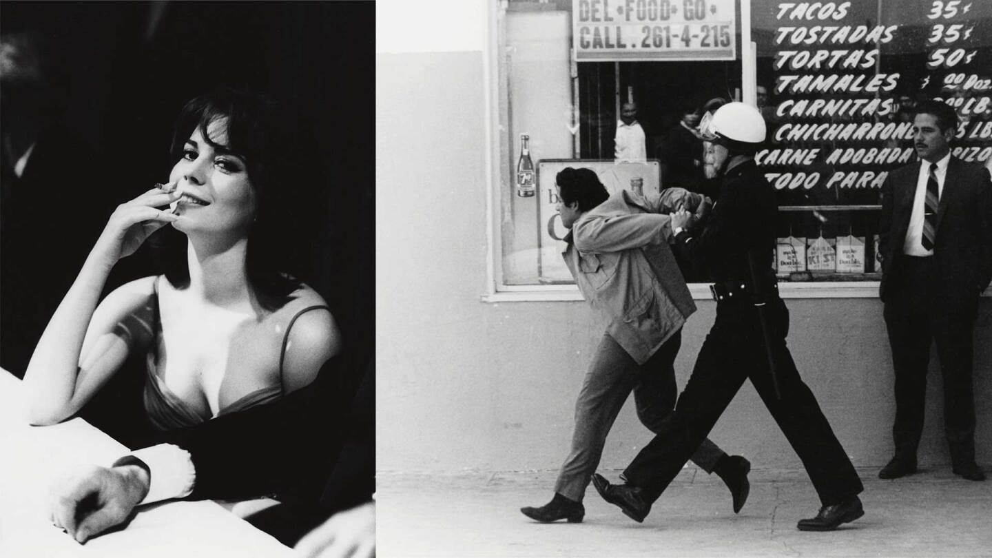 (Left) George Rodriguez, Natalie Wood, Golden Globe Awards, Los Angeles , 1962. (Right) George Rodriguez, LAPD arresting a Chicano student protester, Boyle Heights , 1970. | Courtesy of the artist