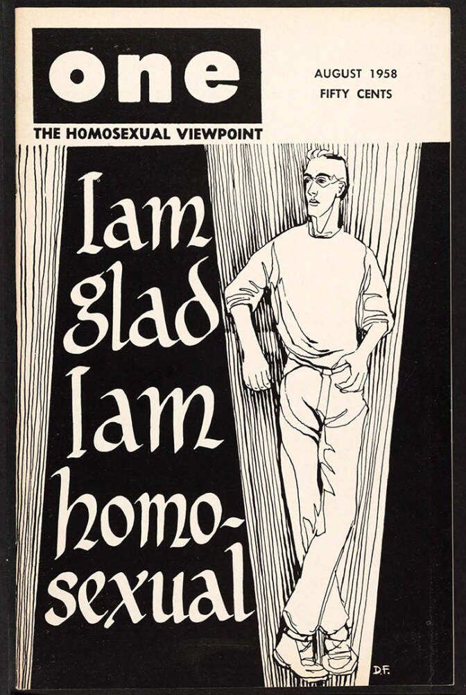 ONE magazine, volume 6, number 8 (1958 August). | Dawn Frederic, cover, ONE National Gay and Lesbian Archives, USC Libraries