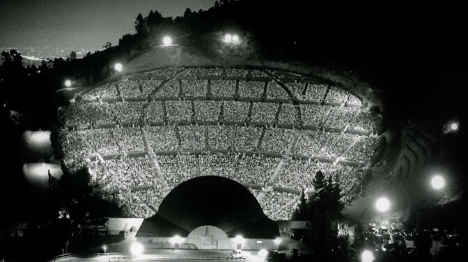 Night view of audience from behind the Hollywood Bowl shell in shadows during Lily Pons concert, circa 1941 | Hollywood Bowl archival photographs by Otto Rothschild. Used by Permission of The Music Center Archives. Gift of the Rothschild Family.