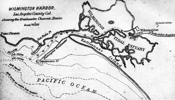 Map of the San Pedro and Wilmington harbors, circa 1880. Courtesy of the Los Angeles Public Library Photograph Collection.