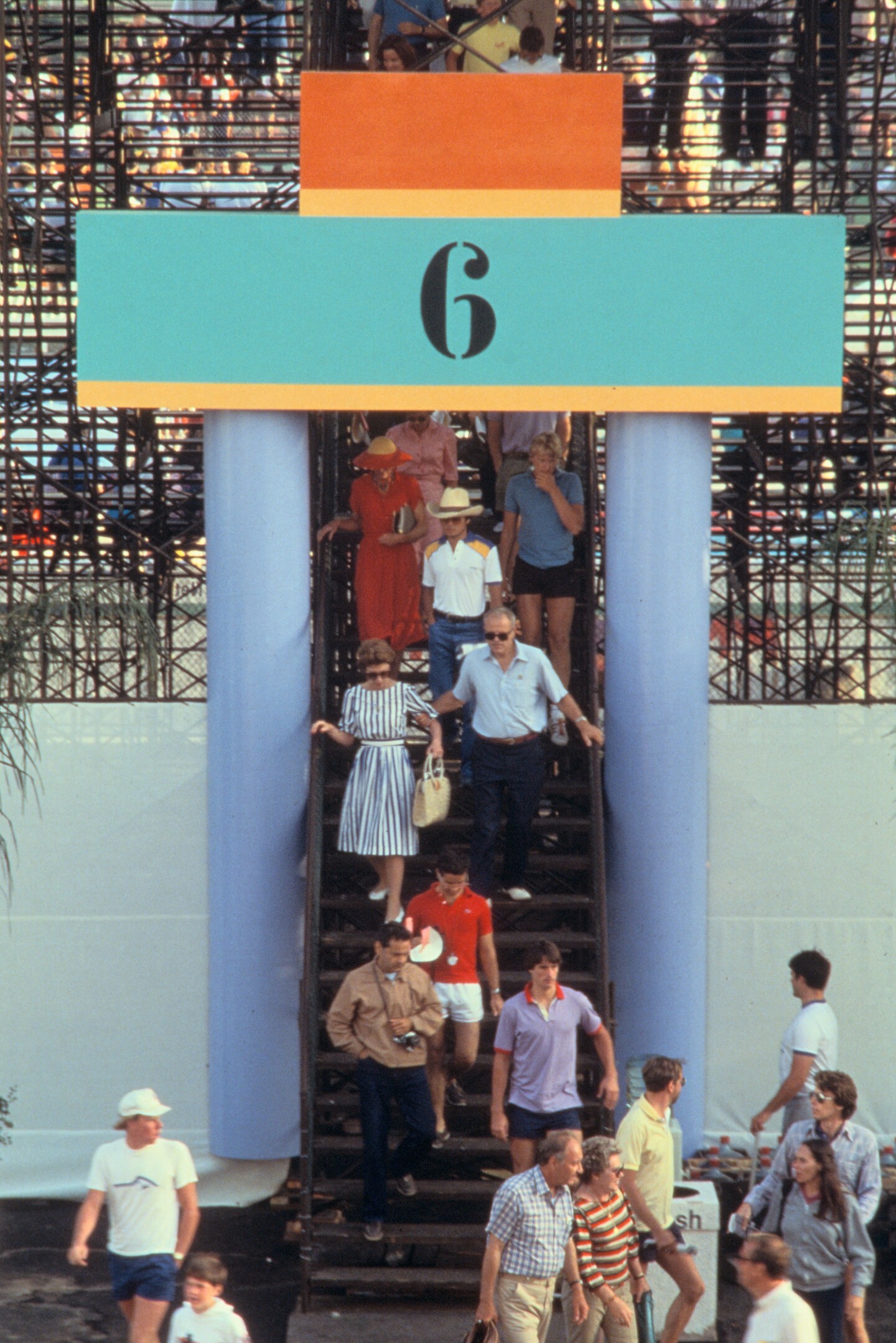 Colorful tubes and geometric shapes make up a column and pediment structure during the 1984 Olympics