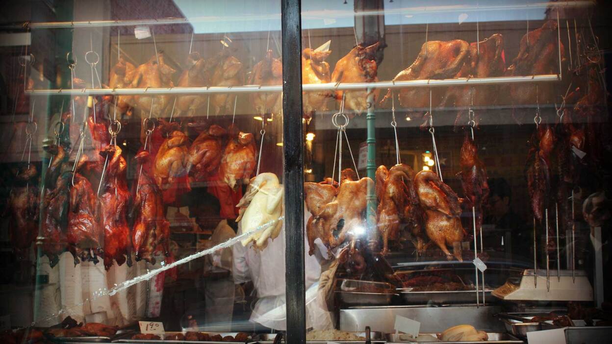Roast duck hanging from a shop | Rebeca Anchondo via Flickr