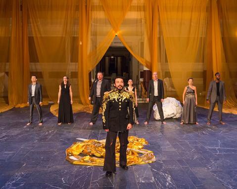 Gian-Murray Gianino as Xerxes (center) in "Persians" by Aeschylus at the Getty Villa. | © 2014 Craig Schwartz.
