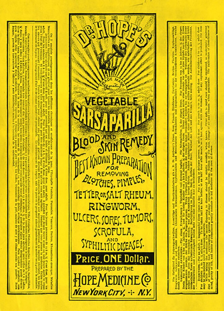"Dr. Hope's Vegetable Sasparilla" label, 1896 | California State Archives