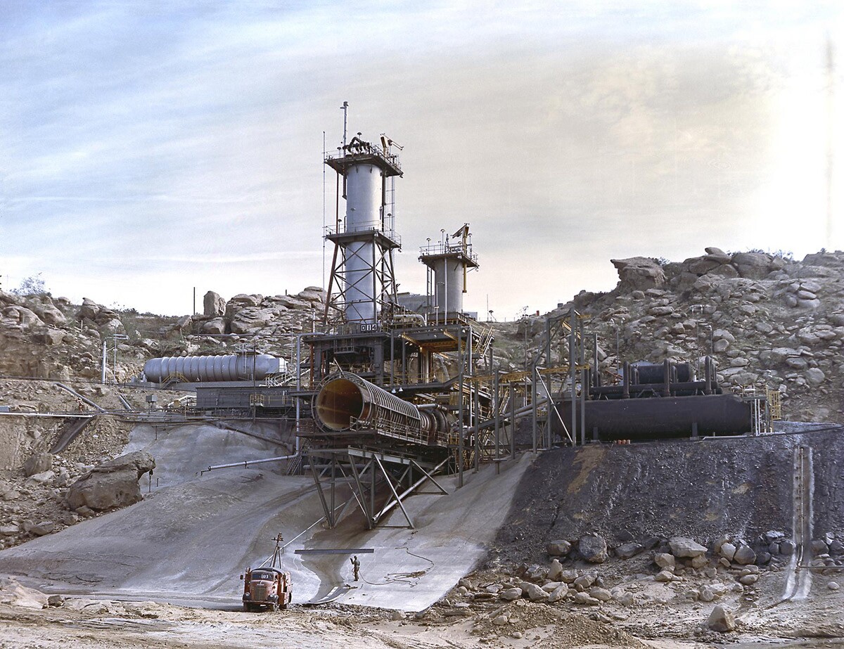 The vertical test stand for testing the J-2 engine at Rocketdyne's Propulsion Field Laboratory, in the Santa Susana Mountains, also known as “The Hill.” | Courtesy of NASA