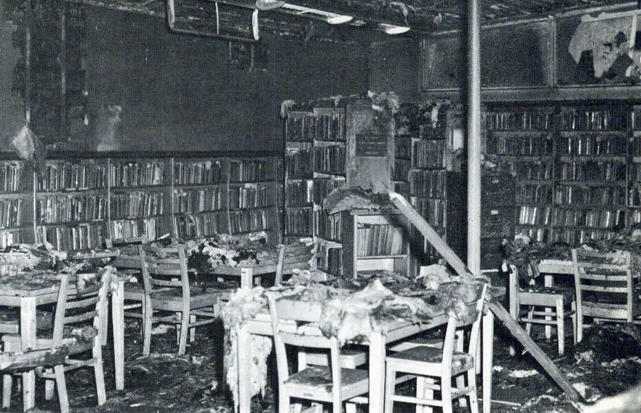 Interior view of the Los Angeles County Library Willowbrook Branch soon after the 1965 Watts Uprising I Photo courtesy of the California State University, Dominguez Hills archives -- Watts Then and Now exhibit.