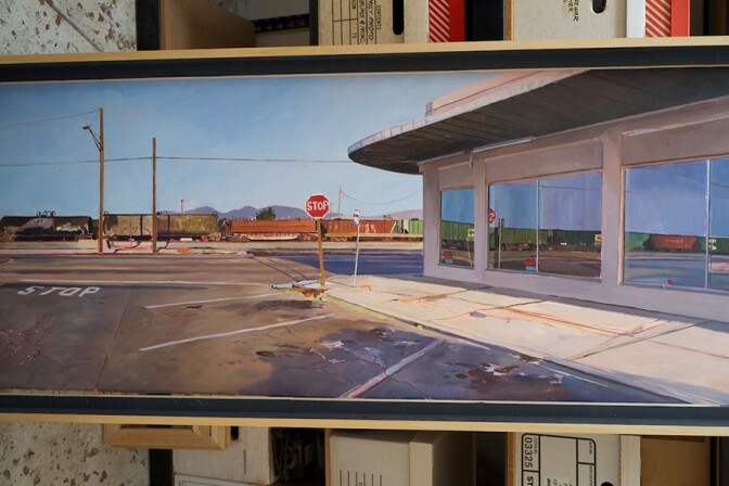Chidlaw's painting of the building in Mojave, California that both Osceola Refetoff and she photographed, with very different results in lighting and window reflections. | Photo: Osceola Refetoff