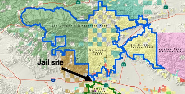 Whitewater Jail location relative to San Jacinto Natl.Mon. (green outline) and Sand To Snow N.M. (blue outline) | adapted from a map by californiadesert.org