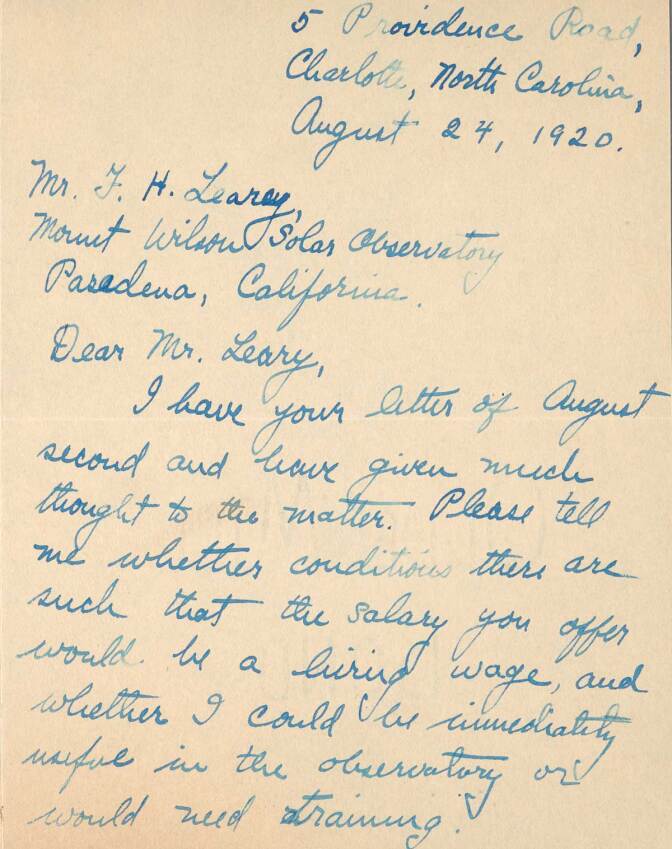 Letter to F.H. Seares of Mt. Wilson observatory from Charlotte Abbott p1 | Image courtesy of the Observatories of the Carnegie Institution for Science Collection at the Huntington Library, San Marino, California