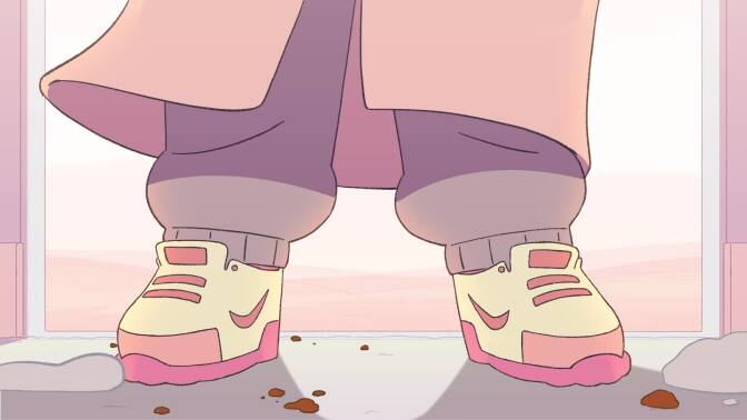 A still from animated short "Wolf and Cub" depicts two legs taken from the knees down. The individual is wearing Nike shoes, sweatpants and a long coat.