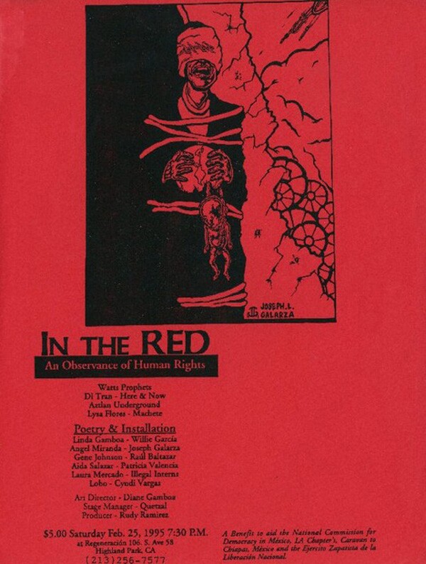 Flyer announcing In the Red, "An Observance of Human Rights," held at Regeneracion in February 25, 1995. Image courtesy of Antonio Garcia.