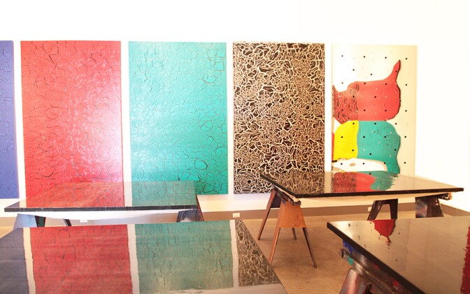 Drying paintings at Ed Moses' Venice home. | Photo: Drew Tewksbury.