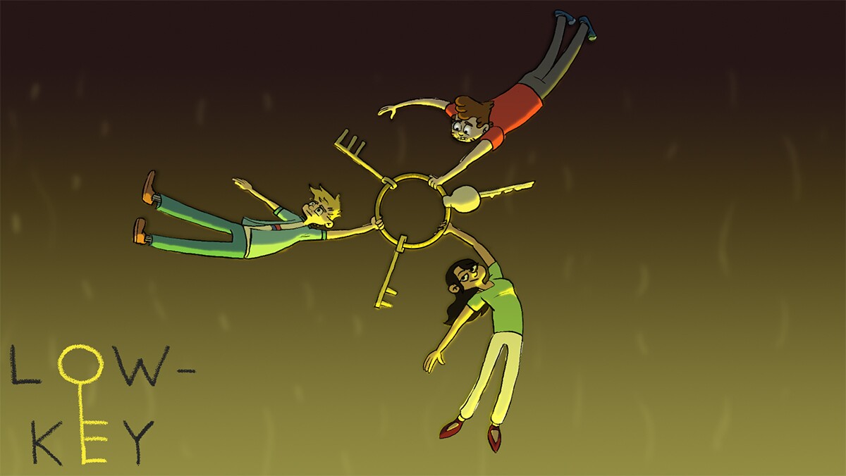 Three animated figures revolve around a key ring in a frame from "Low-Key" | Still from "Low-Key" Fine Cut Season 21