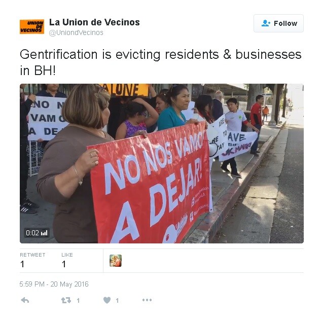 "Gentrification is evicting residents & businesses in BH!" | Photo: La Union de Vecinos via Twitter