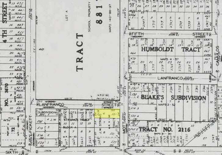 The Rojas family compound – located across the street from Roosevelt High School at the intersection of Lanfranco and Mott – is highlighted in yellow in this 1958 map from "The New Los Angeles Plat Book," courtesy of the USC Libraries.