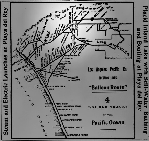 1910 map of the Los Angeles Pacific Railway's Balloon Route. Sherman was located at roughly the midpoint between Los Angeles and Santa Monica. Courtesy of the Title Insurance and Trust / C.C. Pierce Photography Collection, USC Libraries.