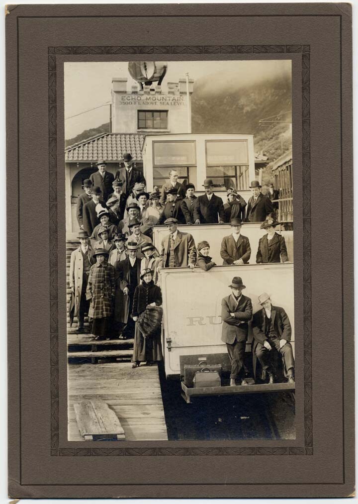Two wonders of the Mount Lowe Railway in one shot: the searchlight (at top) and the Great Incline funicular