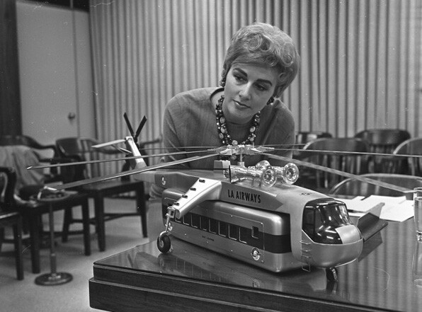 Model of a "flying bus" considered for transporting passengers between Union Station and LAX. UCLA Young Research Library / Los Angeles Times Photographic Archive
