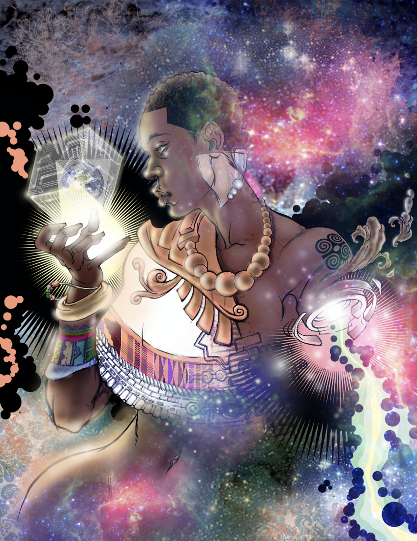 A digital artwork of a Black woman in a galaxy, surrounded by beams of light and nebulas. She is holding a geometric box in her hand that is glowing. She is looking at the item. 