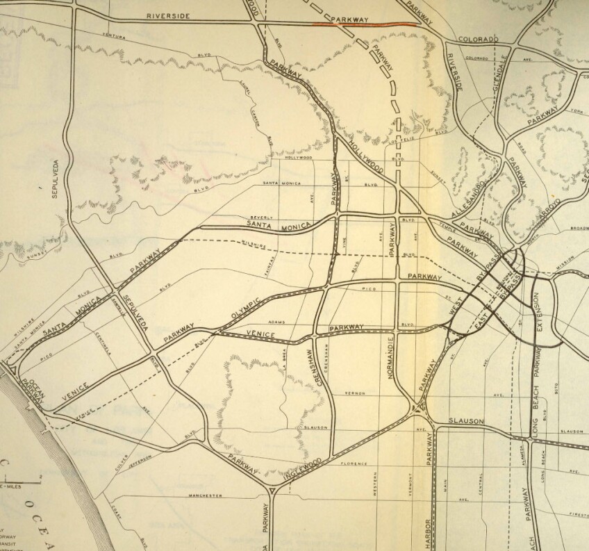 The Beverly Hills Freeway appears in this 1943 map of proposed freeways as the 'Santa Monica Parkway.' Courtesy of the Metro Transportation Library and Archive.