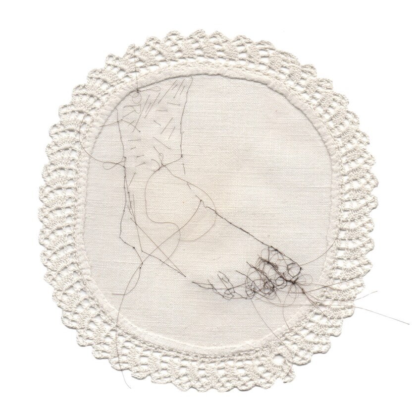 "Untitled," 2014 Hair embroidery on fabric 8 x 8 in. Part of "Sula Bermúdez-Silverman: Neither Fish, Flesh, nor Fowl" at CAAM. | Courtesy the artist