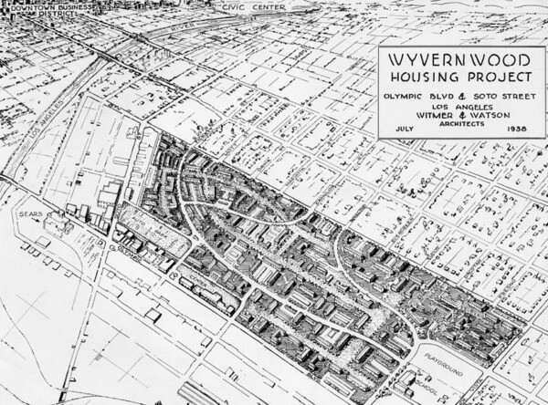 Map of the Wyvernwood Housing Project in Boyle Heights in July 1938. Drawing by the architects, Witmer and Watson | Security Pacific National Bank Collection, Los Angeles Public Library