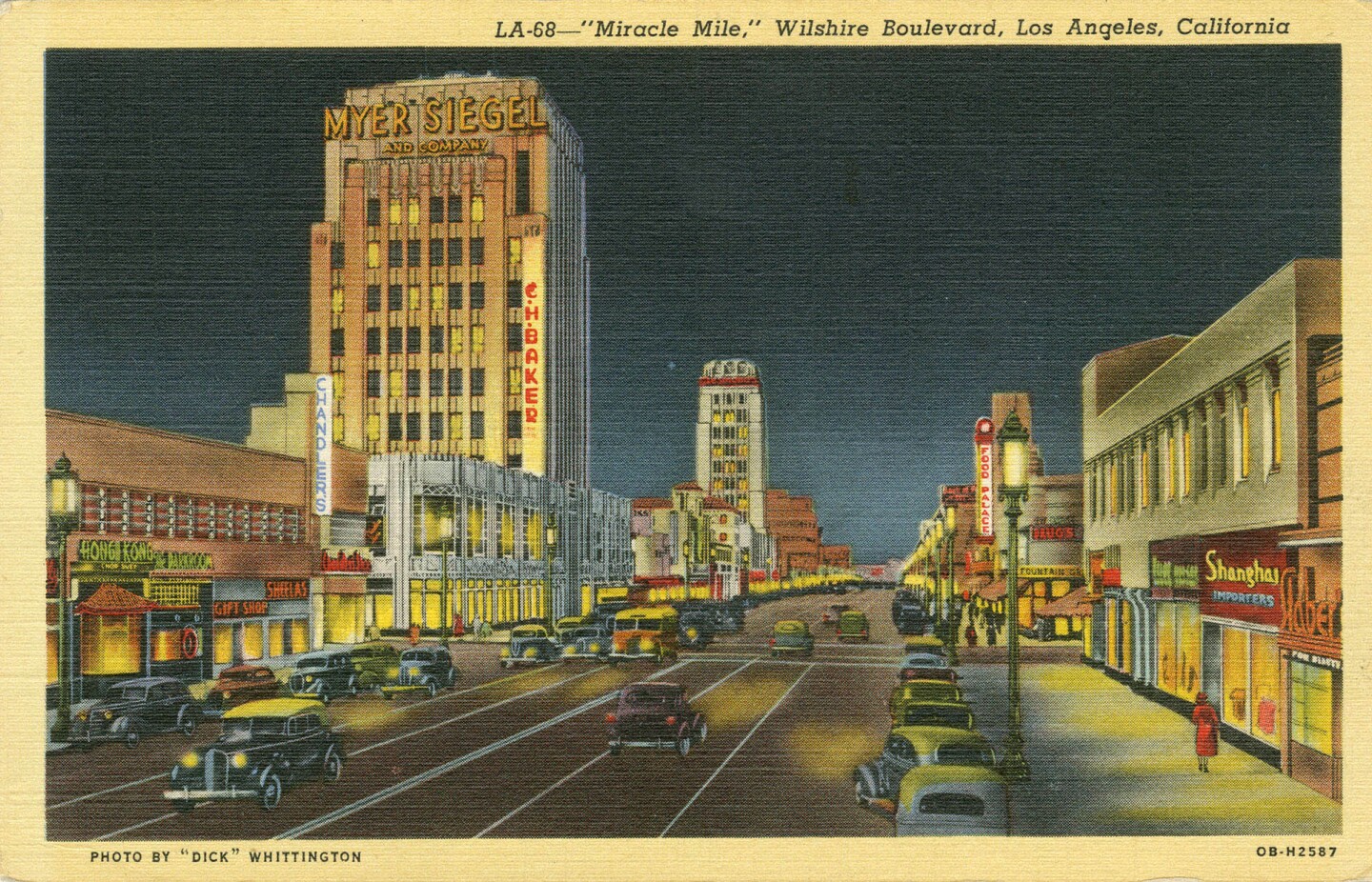 1940 postcard of Wilshire Boulevard's Miracle Mile district. Courtesy of the Werner von Boltenstern Postcard Collection, Department of Archives and Special Collections, Loyola Marymount University Library.