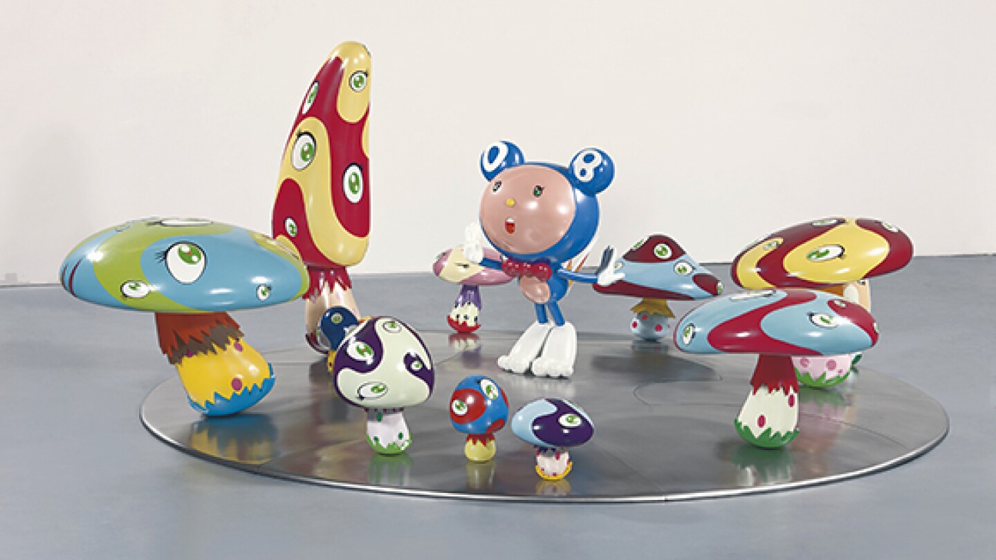 "DOB in the Strange Forest (Blue DOB)," 1999 by Takashi Murakami, fiber-reinforced plastic, resin, fiberglass, acrylic and iron, 60 x 152 x 137 in. (152.4 x 386.08 x 347.98 cm); Courtesy of the The Broad Art Foundation. Image ©Murakami