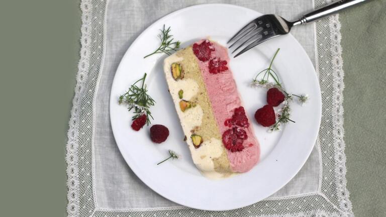 Raspberry, Pistachio and Vanilla Semifreddo