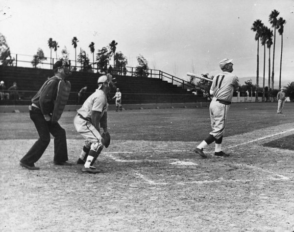 Anaheim police chief James Bouldin bats for the Pittsburgh Pirates in an exhibition game against the Philadelphia Athletics at Anaheim's La Palma Park, circa 1940. Courtesy of the Anaheim Public Library.