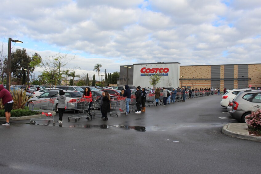 Line of shoppers in the parking lot outside of Costco in Marina Del Ray on March 15th, 2020