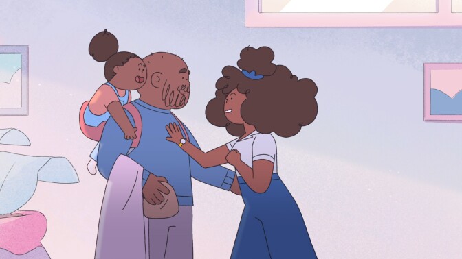 A still from animated short film, "Wolf and Cub" depicts a Black family — a father, mother and son — smiling together. The mother places a hand on the father's chest and the son is piggy-backed on his father.