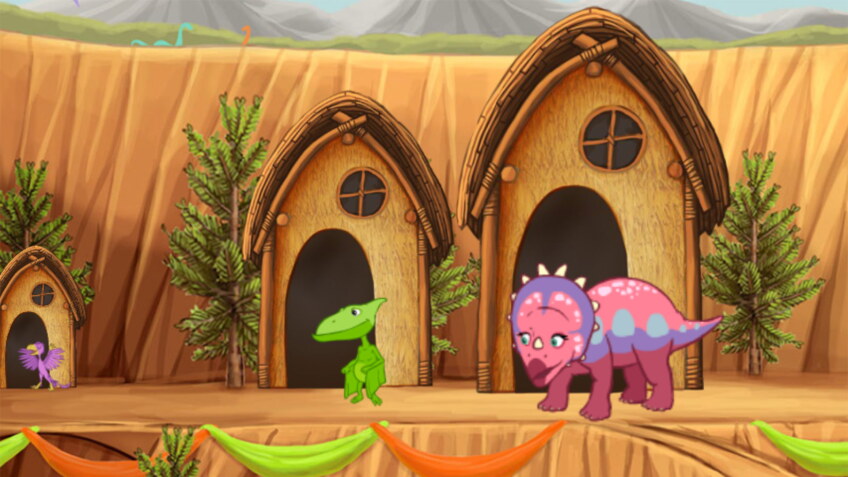 Cartoon dinosaurs standing in front of wooden homes