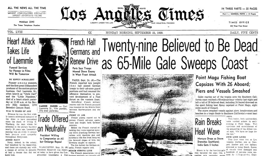Front page of the Los Angeles Times on Sept. 25, 1939