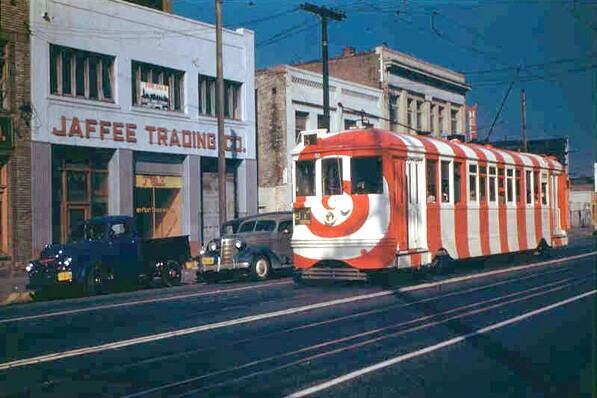 A Los Angeles streetcar painted in a candy cane pattern. Courtesy of the Metro Transportation Library and Archive. Used under a Creative Commons license.