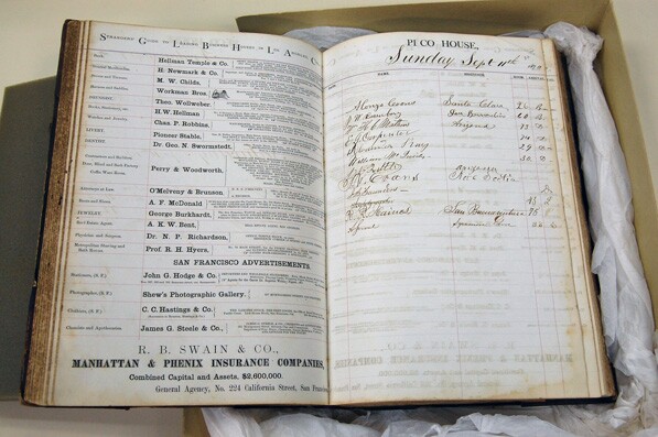 Register for the Pico House, June 1870 - May 1872. Sunday, Sept. 11, 1870. Acquisition made possible by the Ramona chapter, Native Sons of the Golden West<br /> Autry National Center; 93.21.142