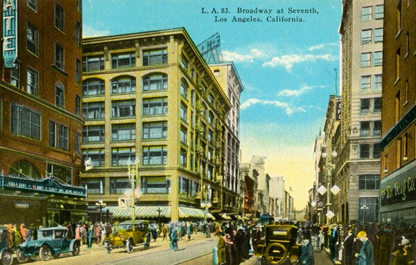 Postcard depicting the intersection, circa 1925. Courtesy of the Photo Collection, Los Angeles Public Library.