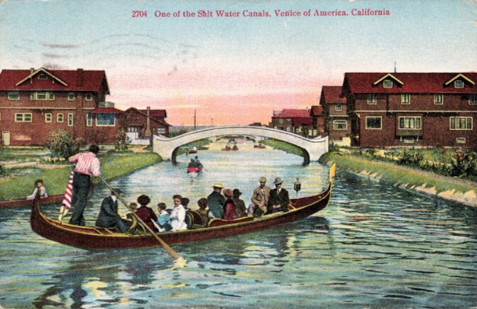 A gondolier rows through one of Venice of America's original canals, now a paved roadway. Courtesy of the Metro Transportation Library and Archive.