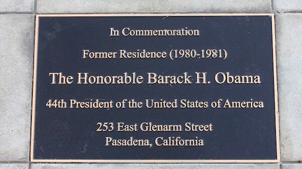 A plaque is seen in front of the Pasadena residence where Barack Obama lived during his sophomore year at Occidental College | Photo by John Antczak/Associated Press