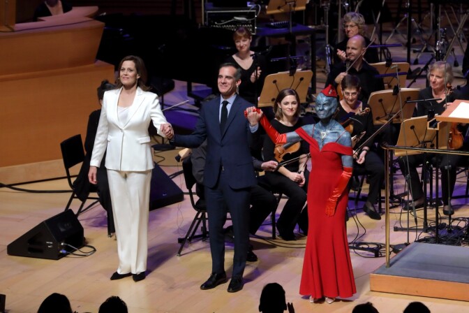 Sigourney Weaver, Mayor Eric Garcetti and Hila Plitmann are cast on the 2017 performance of "War of the Worlds." | Craig T. Mathew of Mathew Imaging