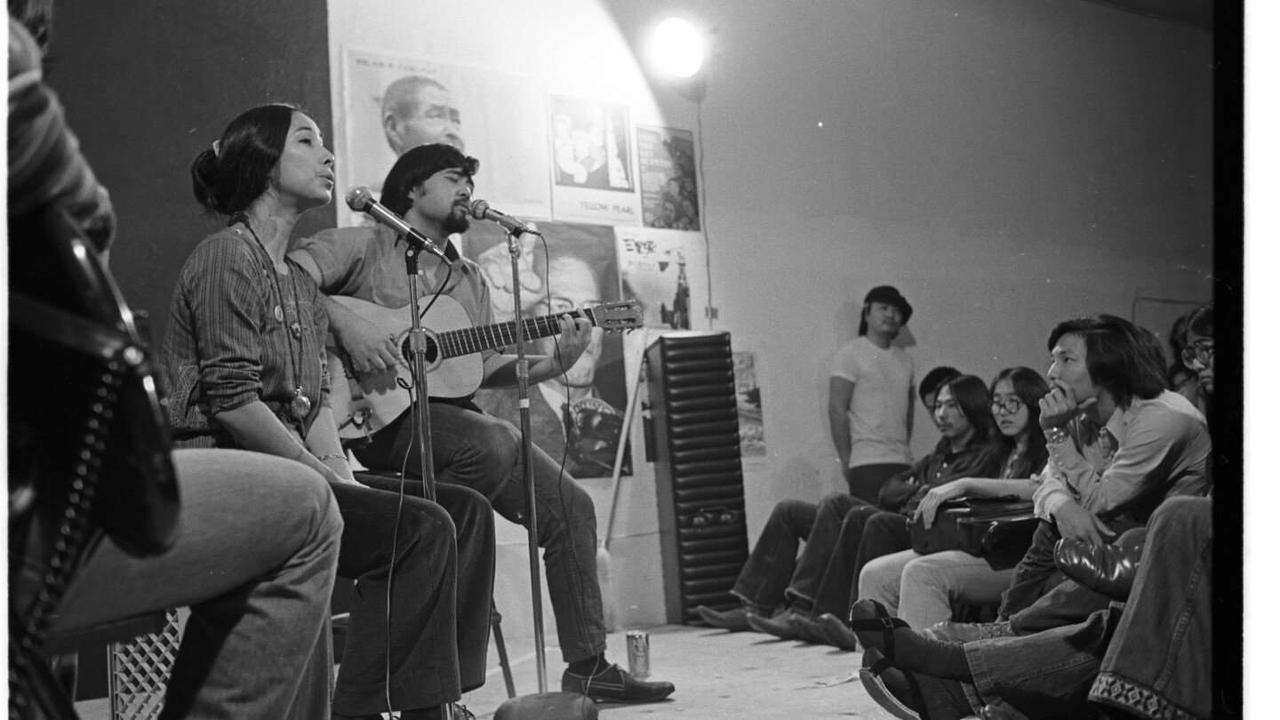 JoAnne/Nobuko Miyamoto and Chris Iijima perform at the Third World Storefront organization, Los Angeles, ca. 1972. 