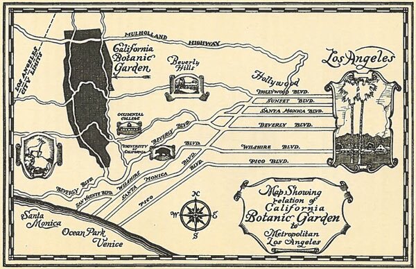 Map (not to scale) showing the location of the California Botanic Garden. From the 1927 pamphlet 'Objects and Purposes of the California Botanic Garden.' Courtesy of the USC Libraries.