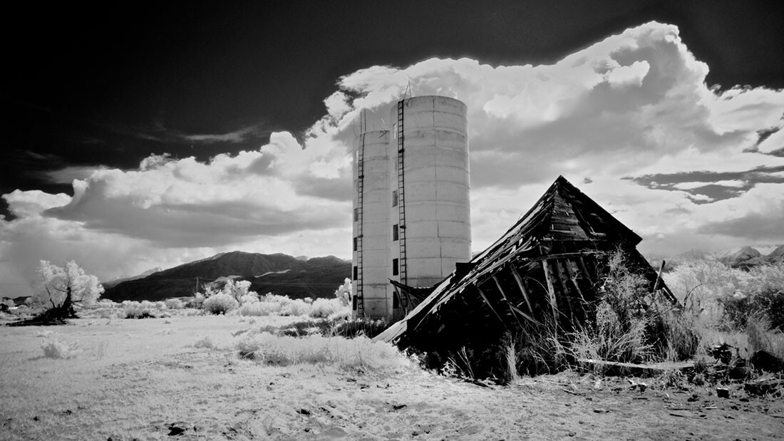Twin Silos and Collapsed Farm Building - Infrared Exposure - Bishop, CA - 2016 | Osceola Refetoff